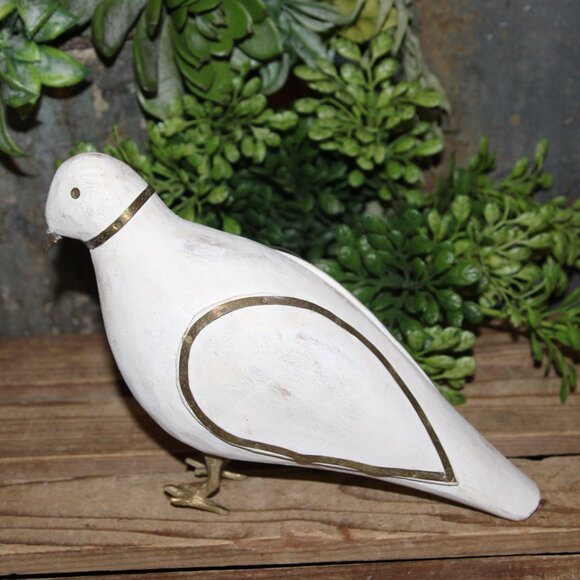 White Shabby VTG Wood & Brass Decorative Bird Decor Object - Picture 2 of 8